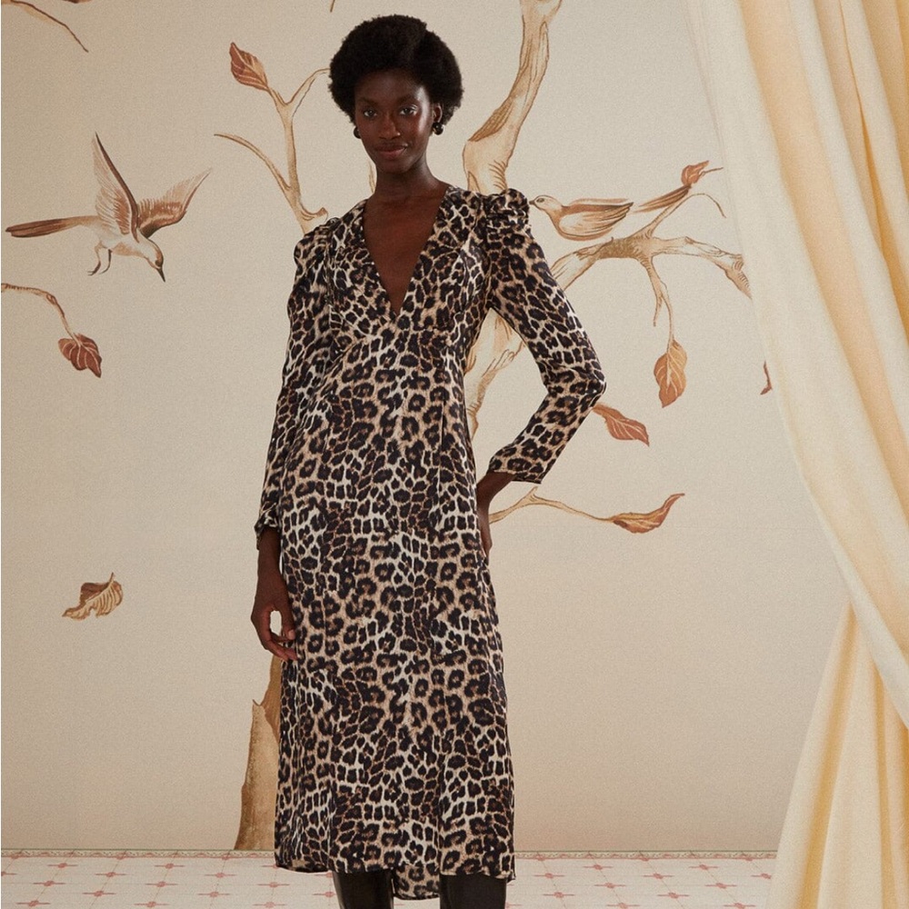 FARM Rio Brown and Black Leopard Print Puff Sleeve Satin Dress.